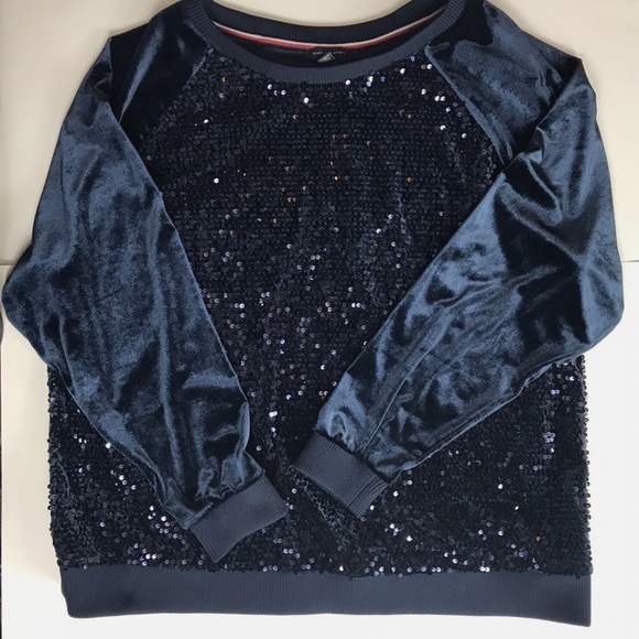 Tommy Hilfiger velvet navy blue sequin top size M - Picture 3 of 8